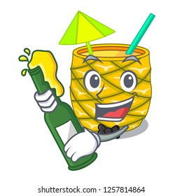 With beer bottles pineapple juice on cartoon table