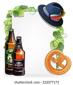 Beer bottles, pretzel, and Oktoberfest hat on white background decorated with green hops. Abstract Oktoberfest background