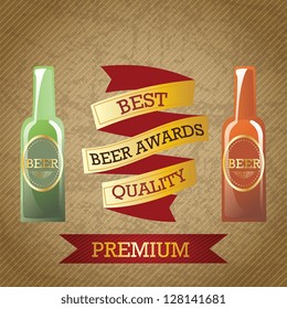 Beer bottles and ribbons with retro colors, on vintage background. Vector illustration