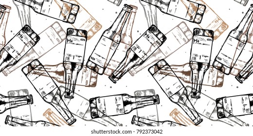 Beer bottles seamless pattern background. Food design icons hand-drawing elements. Graphic texture for restaurant template.