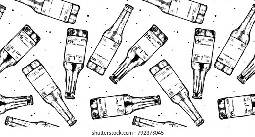 Botellas de cerveza de fondo sin fisuras. Iconos de diseño de alimentos con elementos de dibujo a mano. Textura gráfica para plantilla de restaurante.