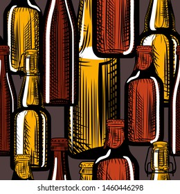 Beer bottles seamless pattern. Engraving style. Hand drawn vector illustration 