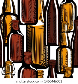 Beer bottles seamless pattern. Engraving style. Hand drawn vector illustration on white background