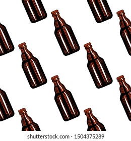 Beer bottles seamless pattern. Engraving style. Design for fabric, textile print, wrapping paper. Vector illustration