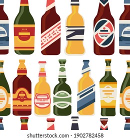 Frascos de cerveza patrón sin fisuras con botellas de vidrio etiqueta con diferentes tipos de alcohol de cerveza beber ilustración vectorial sobre fondo blanco