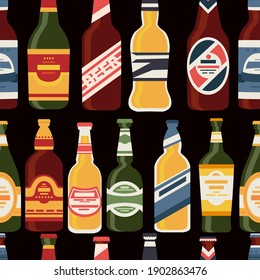 Beer bottles seamless pattern with label glass bottles with different types of beer alcohol drink vector illustration on dark background