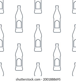Beer bottles seamless pattern. Line art style. Outline image. Black and white repeat template. Party drinks concept. Illustration on white background. Flat design style for any purposes. Vector.
