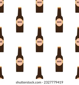 Botellas de cerveza: esquema de patrón sin fisuras para el diseño, sitio web. Elementos de alcohol sobre fondo blanco, plantilla de pancarta. Decoración de textura, afiche retro de cerveza de botella. ilustración vectorial plana