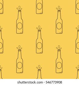 Beer bottles seamless pattern. Vector illustration of bottles isolated on orange background.