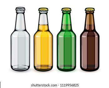 Beer bottles set of empty and full filled with crafting brewery beer drink glass tare closed with caps, isolated white background. EPS10 vector illustration.