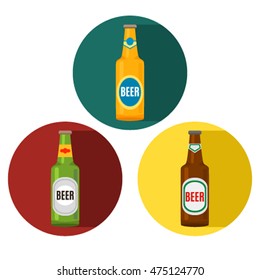 Beer in bottles set with a flat long shadow vector illustration isolate on a white background