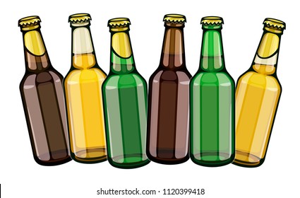 Beer bottles set full filled with crafting brewery beer drink glass tare closed with caps, isolated white background. EPS10 vector illustration.
