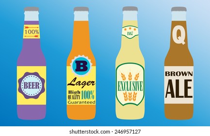 Beer bottles set with label. Colorful vector icon or sign. Symbol or design elements for restaurant, beer pub or cafe. 