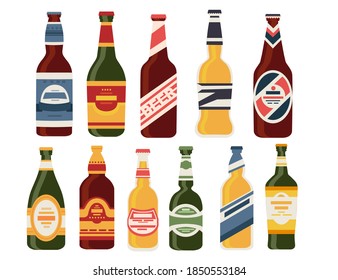 Botellas de cerveza con botellas de vidrio etiqueta con diferentes tipos de alcohol de cerveza bebe ilustración vectorial plana aislada en fondo blanco