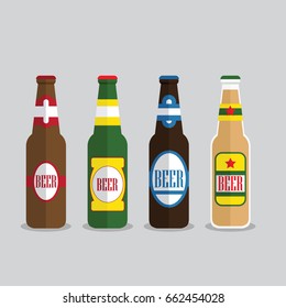 Beer bottles set with label isolated on background. Colorful vector icon or sign. Symbol or design elements for restaurant, beer pub or cafe