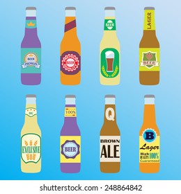 Beer bottles set with labels. Colorful vector icon or sign. Symbol or design elements for restaurant, beer pub or cafe.