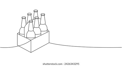 Beer bottles set one line continuous drawing. Beer pub products continuous one line illustration. Vector linear illustration.