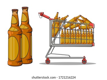 Beer bottles set with shoping cart, isolated on white background