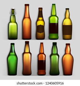 Beer Bottles Set Vector. Different Empty Glass For Craft Beer: Green, Yellow, Brown. Mockup Blank Template For Product Packing Design Advertisement. Isolated Realistic Illustration