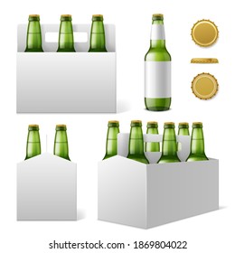 Beer bottles six pack. Realistic 3d green bottle with blank labels, special cardboard box with carrying handle, different angles drink packaging. Product advertising template vector isolated set