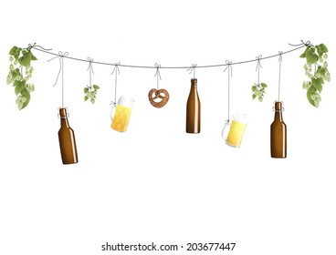 Beer bottles and beer stein on a line