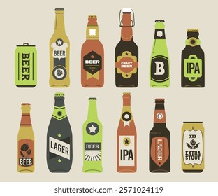 Beer bottles and tin cans. Craft brewery or oktoberfest graphic. Beer festival or drinks concept. Vector flat illustration design isolated. Hand drawn labels.