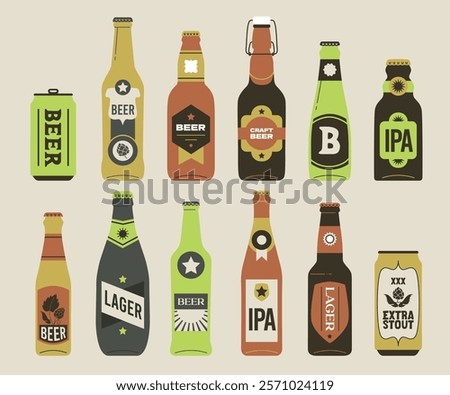 Beer bottles and tin cans. Craft brewery or oktoberfest graphic. Beer festival or drinks concept. Vector flat illustration design isolated. Hand drawn labels.