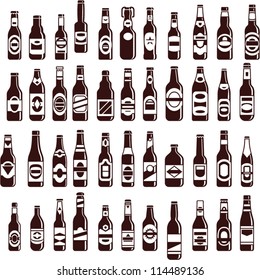 Colección vectorial de botellas de cerveza. Fondo sin fisuras. 44 formas vectoriales diferentes