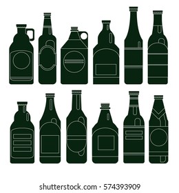 Beer bottles vector collection. Bar seamless background. Different vector forms labels. Bottle beer retro. Vector. Composition of complex beer bottle different shape. Style of modern art bottle beer.