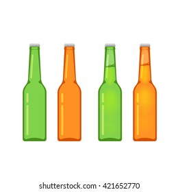 Beer bottles vector collection isolated on white background, empty and full beer bottle flat cartoon design