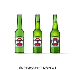 Beer bottles vector illustration, realistic empty beer bottle, full green beer bottle and cold beer bottle isolated on white background with stickers