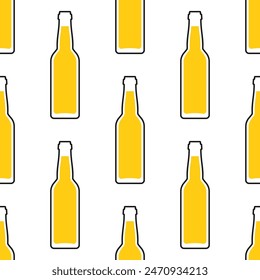 Beer bottles vector seamless pattern. Stylized yellow icons with black outline on white background.