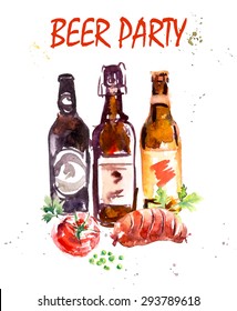  Beer bottles watercolor poster. Hand drawn poster template for cold beer. Label or banner design. Oktoberfest poster. Food and drink background concept. Vector illustration