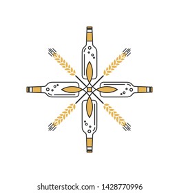 Beer bottles and wheat. Craft beer with brewing ingredient. Illustration for brewery, pub, bar, restaurant.