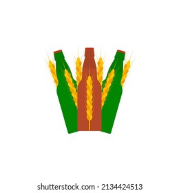 Beer bottles and wheat ears. Isolated vector illustration on white background.