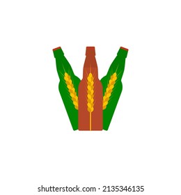 Beer bottles and wheat ears. Isolated vector illustration on white background.
