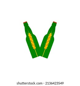 Botellas de cerveza y orejas de trigo. Ilustración vectorial aislada sobre fondo blanco.