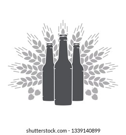 Beer bottles, wheat ears and malt. Vector flat illustration isolated on white background. 