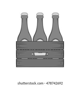 Beer bottles in a wooden box icon in black monochrome style isolated on white background. Drink symbol. Vector illustration