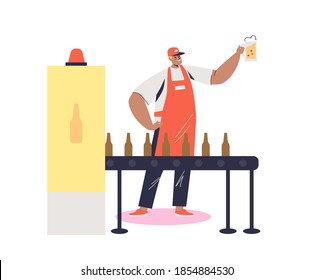 Beer bottling process at beer factory or brewery production. Cartoon male character brewer holding glass of fresh beer. Flat vector illustration