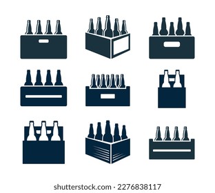 Beer box icon set. Crate with beer bottles isolated over white svg