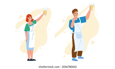 Beer Brewer Workers Look At Freshly Drink Vector. Young Man And Woman Beer Brewer Looking At Fresh Beverage Glass. Characters Factory Professional Occupation Flat Cartoon Illustration