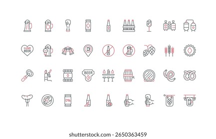 Cerveja e cervejaria, bar e menu de bar de festa bêbada, bebida e linha de salto conjunto de ícones. Bebida alcoólica com espuma em caneca de vidro e garrafa, cerveja pinta e barril fino preto e vermelho símbolos vetor ilustração