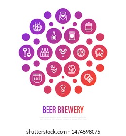 Beer brewery concept in circle shape with thin line icons: manufacturing, craft, tap, mug, tulip pint, wheat, hop, bottle opener, barrel. Vector illustration for bar or restaurant.