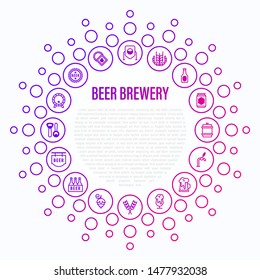 Beer brewery concept in circle shape with thin line icons: manufacturing, craft, tap, mug, tulip pint, wheat, hop, bottle opener, barrel. Vector illustration for bar or restaurant.