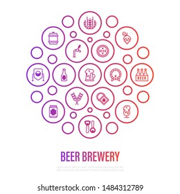 Beer brewery concept in circle shape with thin line icons: manufacturing, craft, tap, mug, tulip pint, wheat, hop, bottle opener, barrel. Vector illustration for bar or restaurant.