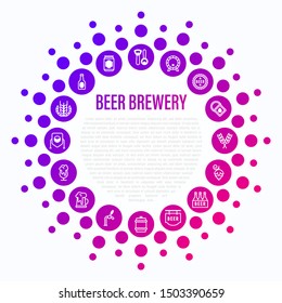 Beer brewery concept in circle shape with thin line icons: manufacturing, craft, tap, mug, tulip pint, wheat, hop, bottle opener, barrel. Vector illustration for bar or restaurant.