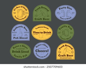 Beer brewery craft local drink pub engraved retro sticker design template set vector illustration. Malt foamy alcohol beverage in bottle and mug cheers festival label insignia label badge