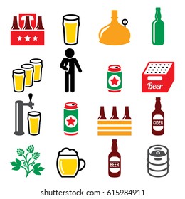 Beer, brewery, drinking alcohol in pub vector icons set