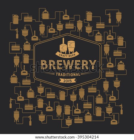 Beer brewery elements, icons, logos, design elements. Brewing process, brewery factory production elements, traditional beer crafting. 